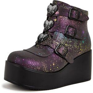 Lucky Step Women Navy Reflect Round Toe Zipper Wedges High Heel Rave Buckle Boot
